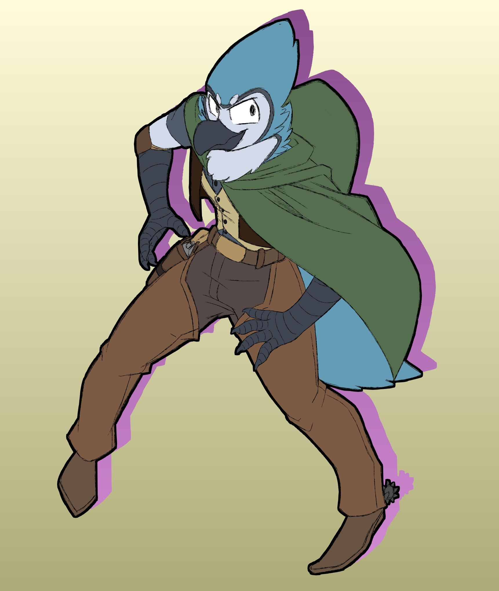 An anthropomorphic blue jay dressed in cowboy fashion, including leather chaps, spurs, a vest, a button-up shirt, a pistol in a belt holster, and a green cloak. They're standing ready to draw their weapon, as if in a duel.