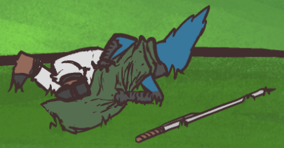 An anthropomorphic blue jay crumpled to the ground in a familiar pose, set against a version of the default windows XP wallpaper, Bliss.