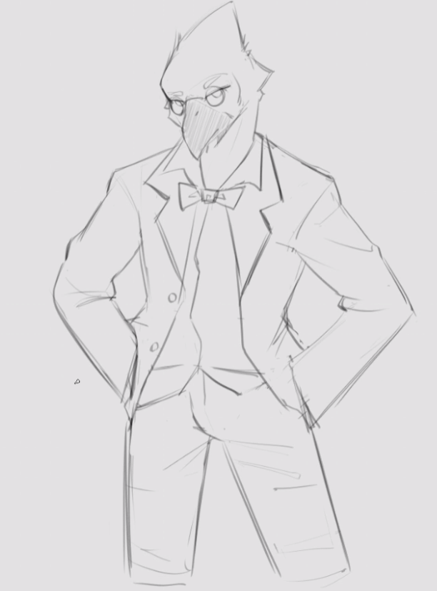 A sketch of a fancily dressed anthrpomorphic blue jay dressed in a suit coat fastened at the neck with a bow tie. He also wears small round spectacles atop his beak.