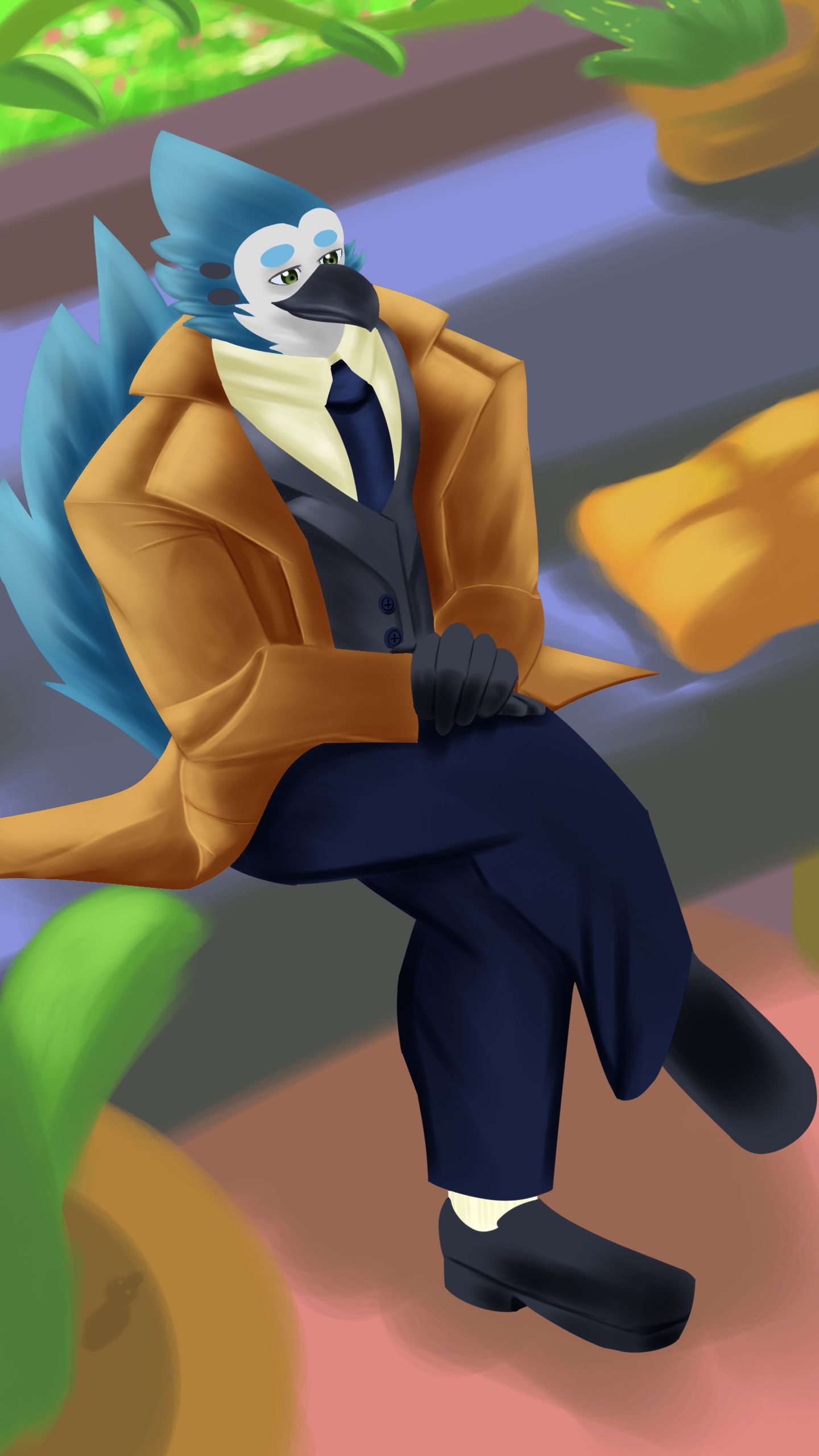 An anthropomorphic blue jay dressed formally, including a dark necktie, an off-white button-up, a grey vest, black slacks, dark loafers, and a leather longcoat. They're sitting on a bench with one leg crossed over the other.