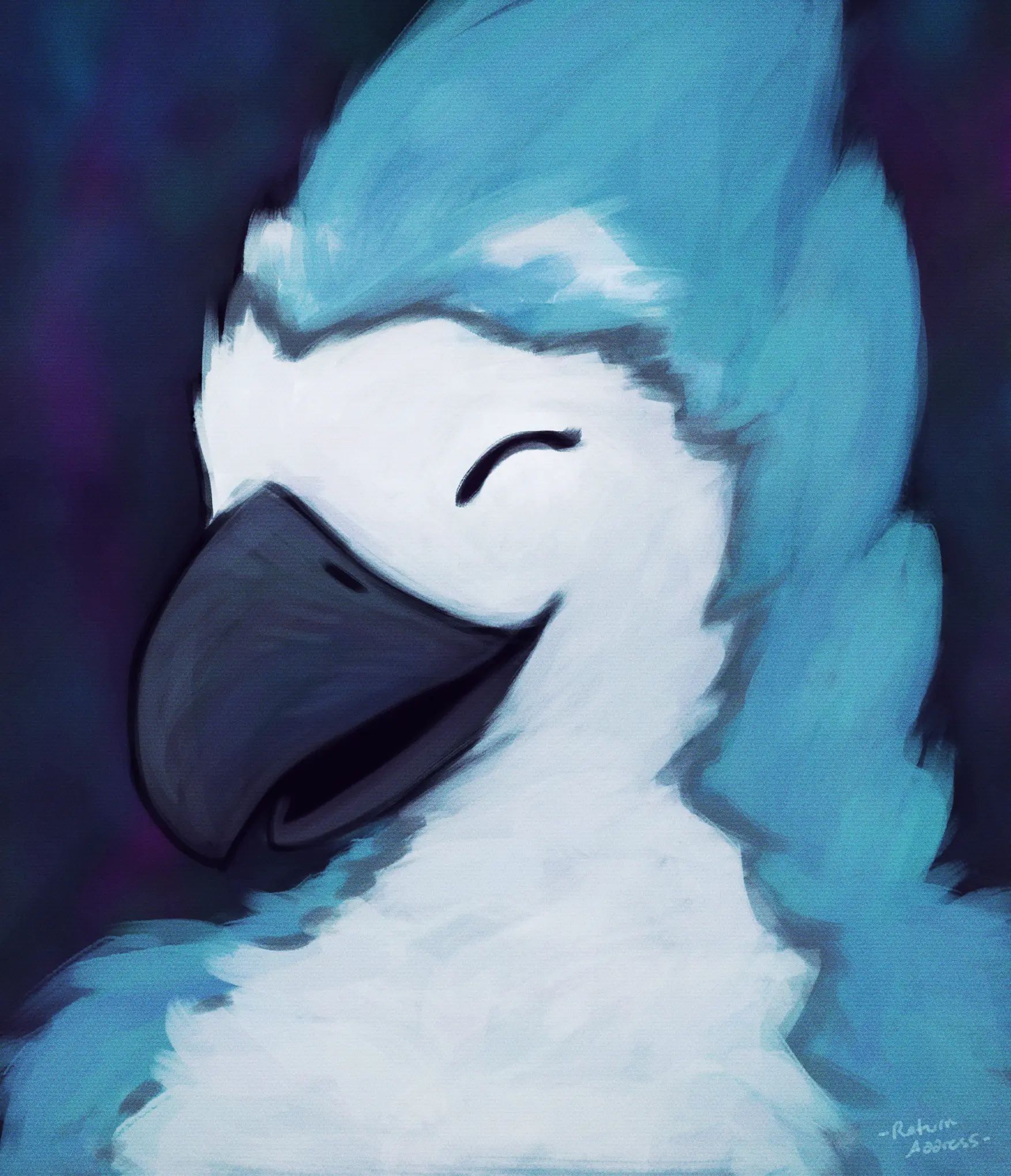 A portrait of an exceptionally fluffy and softly rendered anthropomorphic blue jay with their eyes happily shut.