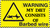 A yellow warning stamp that reads, 'WARNING, MY DIET CONSISTS OF Barbed wire'