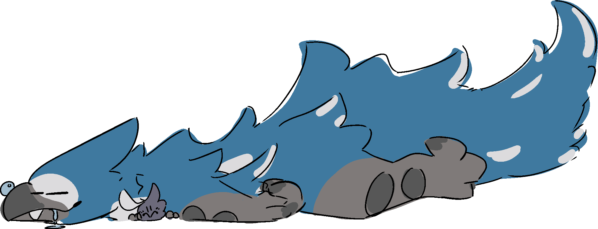 A large raptorlike bluejay-patterned creature laying down, asleep.